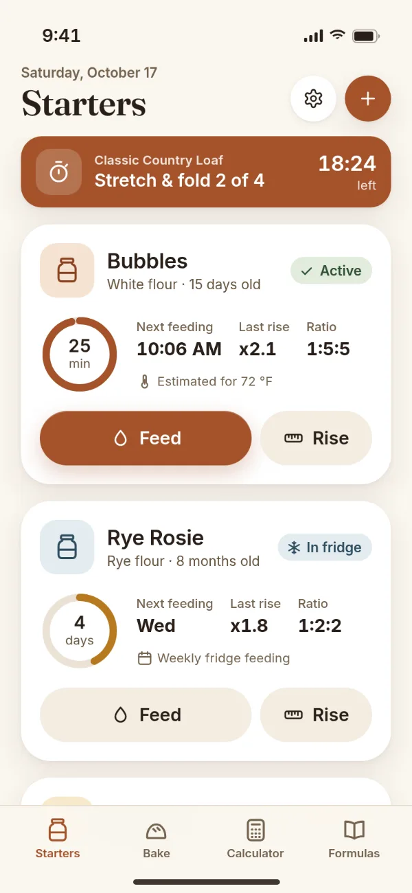 Starters screen with next feeding countdown